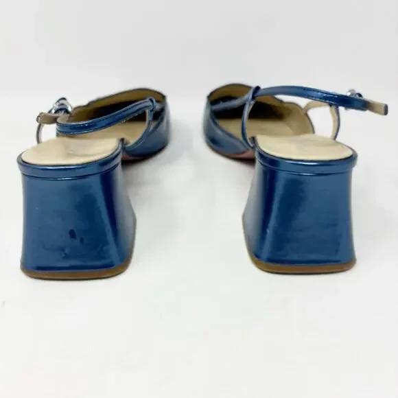 Coach Patent Leather Metallic Blue Studded Block Heel Sling Back Mules 8 - Picture 5 of 7
